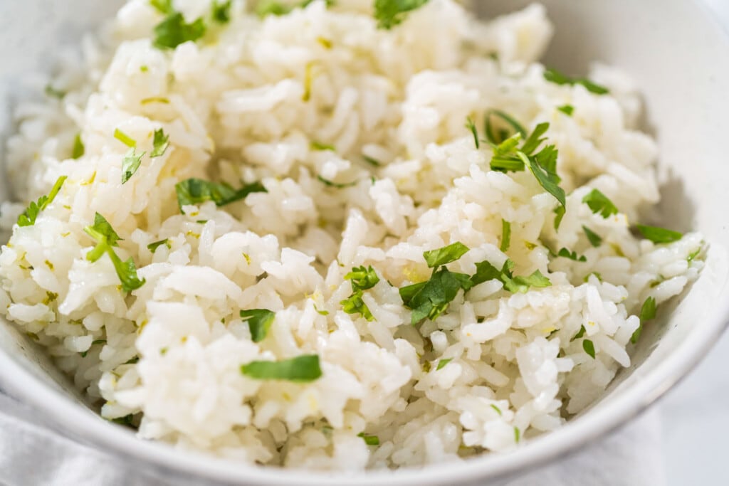 closeup of fluffy cilantro lime rice.