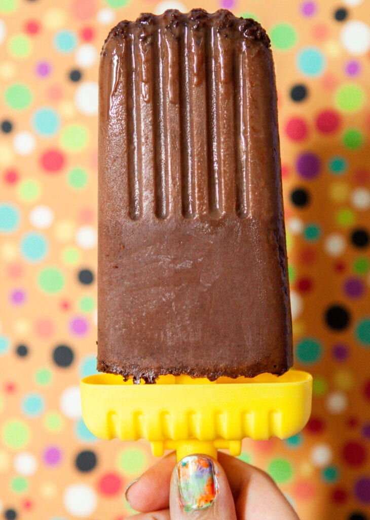 hand holding chocolate popsicle.