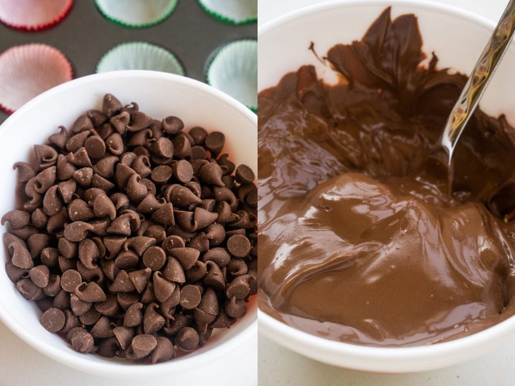 chocolate chips and melted chocolate in white bowl.