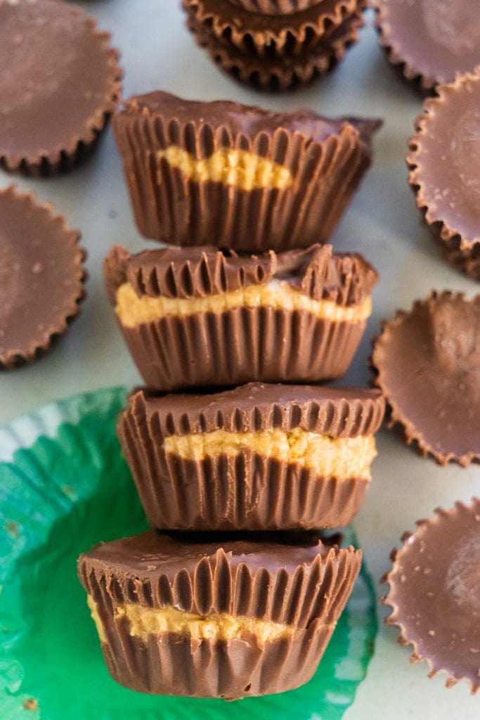 homemade peanut butter cups on table ready to be eaten.