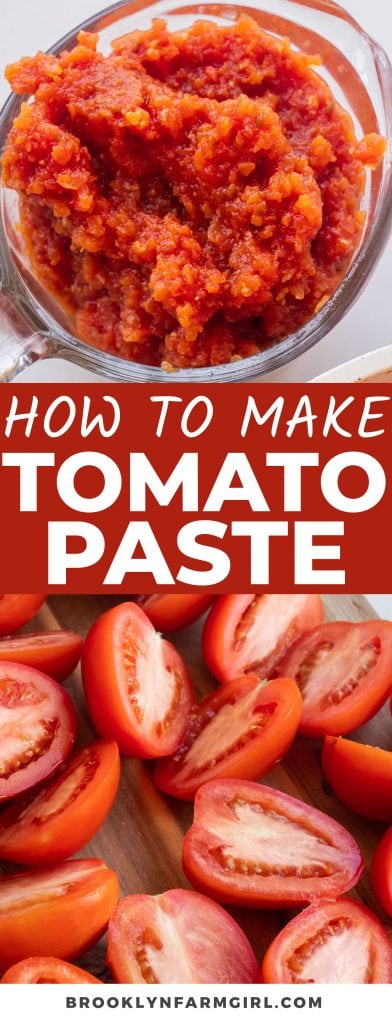 How to make homemade tomato paste with fresh tomatoes, garlic, and salt. Simply pulse the tomatoes and then simmer on the stovetop until paste forms.