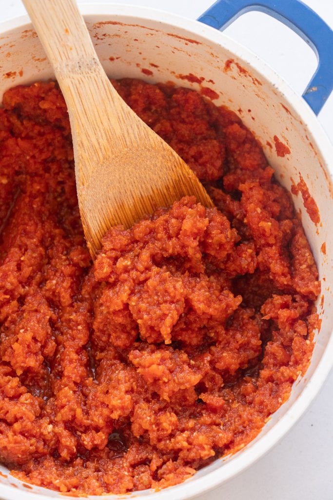 homemade tomato paste in sauce pan.