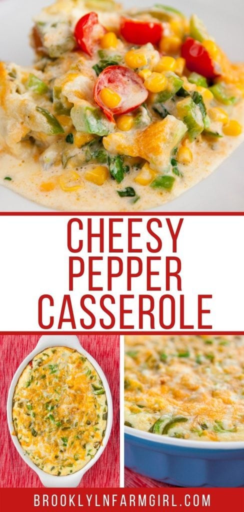 This Green Pepper Cheese Bake is a garden vegetable delight. Made with green bell peppers, tomatoes, corn, spinach, cream, cheese, and eggs, this comforting casserole makes for a delicious vegetarian side dish or main meal.