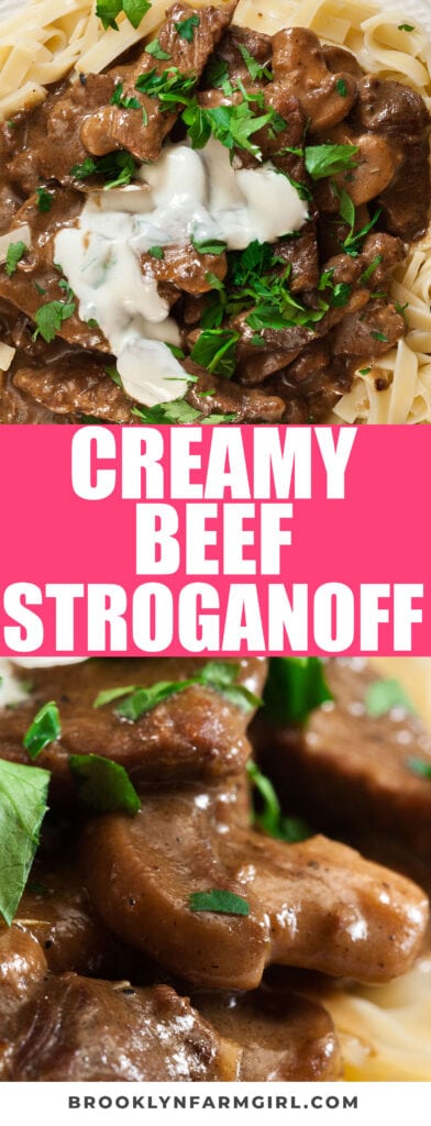 Homemade beef stroganoff made with a sour cream mushroom gravy and juicy beef.   Serve it over egg noodles for a delicious family dinner!