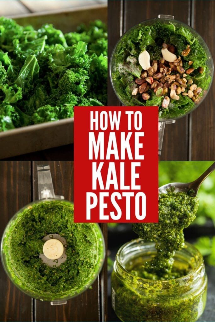 steps to make kale pesto in 4 photo collage. 