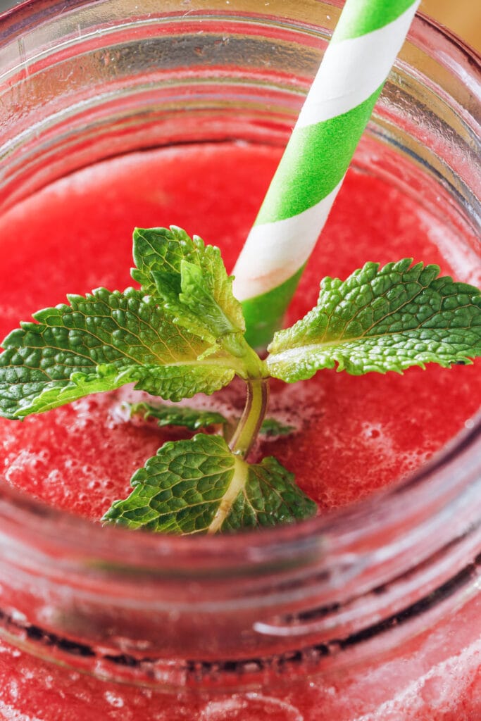 top down view of watermelon smoothie with fresh mint.