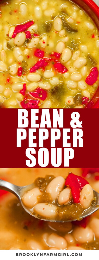 Comforting White Bean and Roasted Pepper Soup with pesto. This is such an easy and healthy soup to serve on a cold night!
