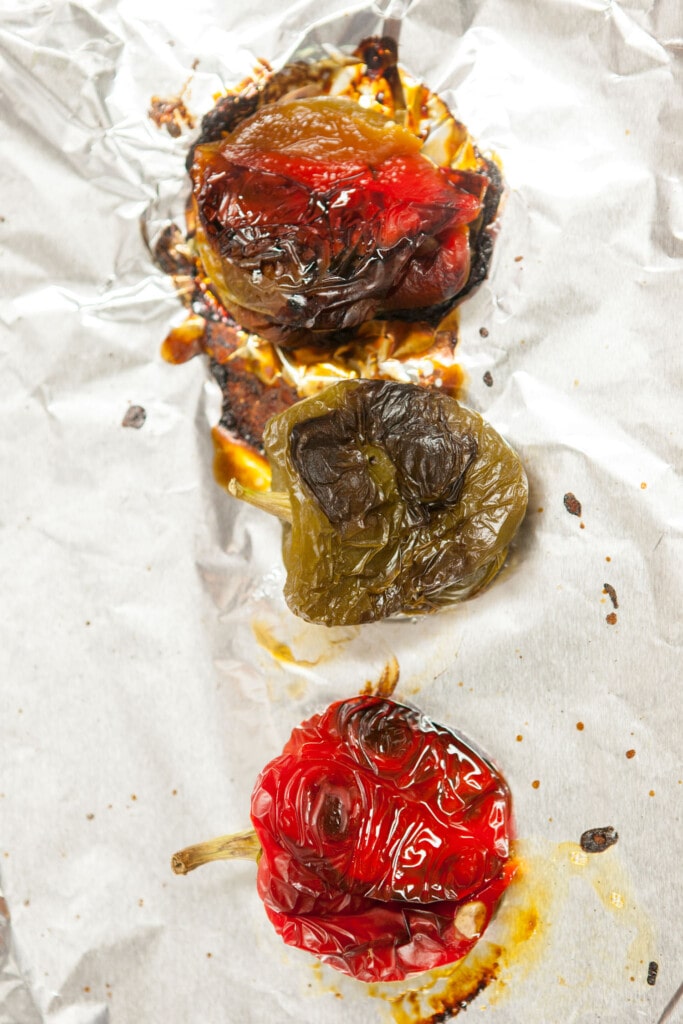 roasted bell peppers on baking sheet.