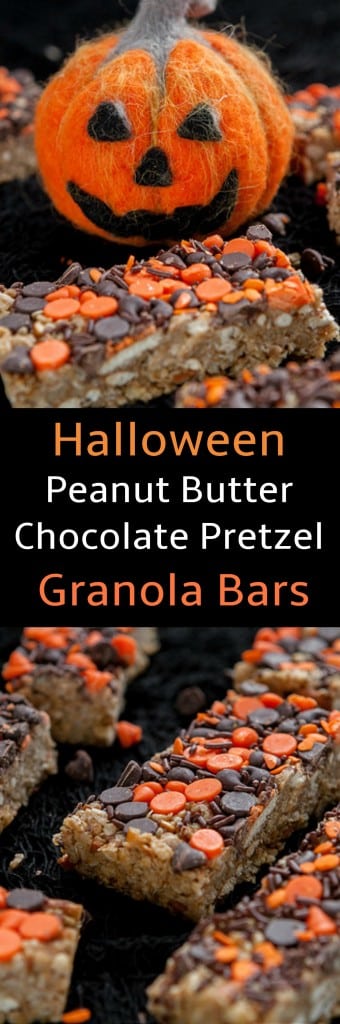 Halloween Decorated Peanut Butter Chocolate Chip Pretzel Granola Bars! These are great for snacks, breakfast and Halloween parties! Use black and orange chocolate chip morsels to make them festive looking!