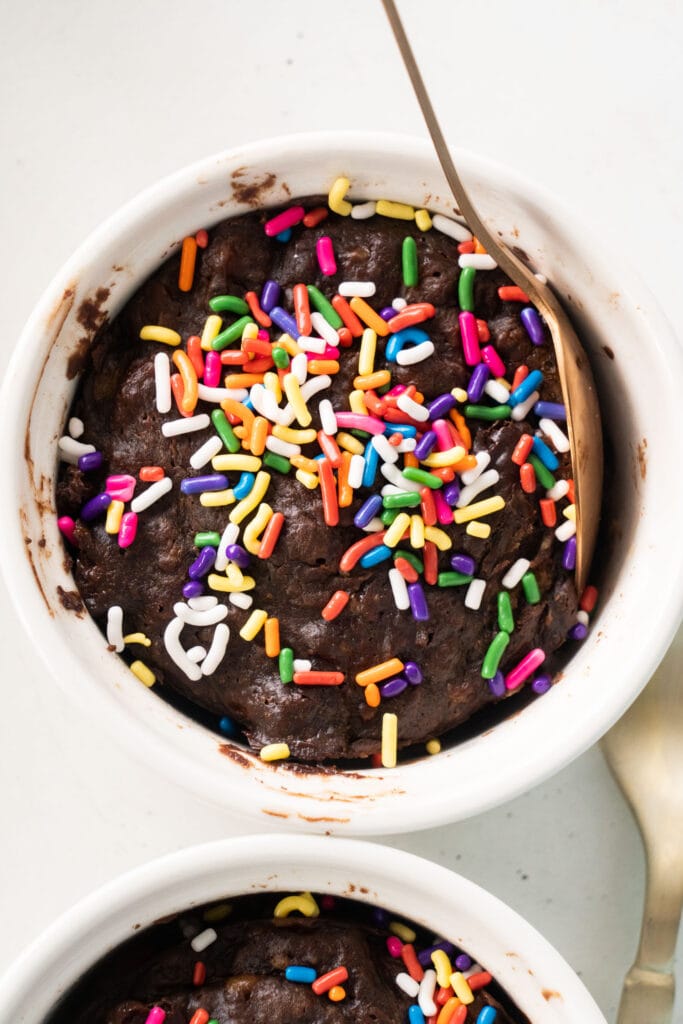 chocolate cake with sprinkles in bowl.