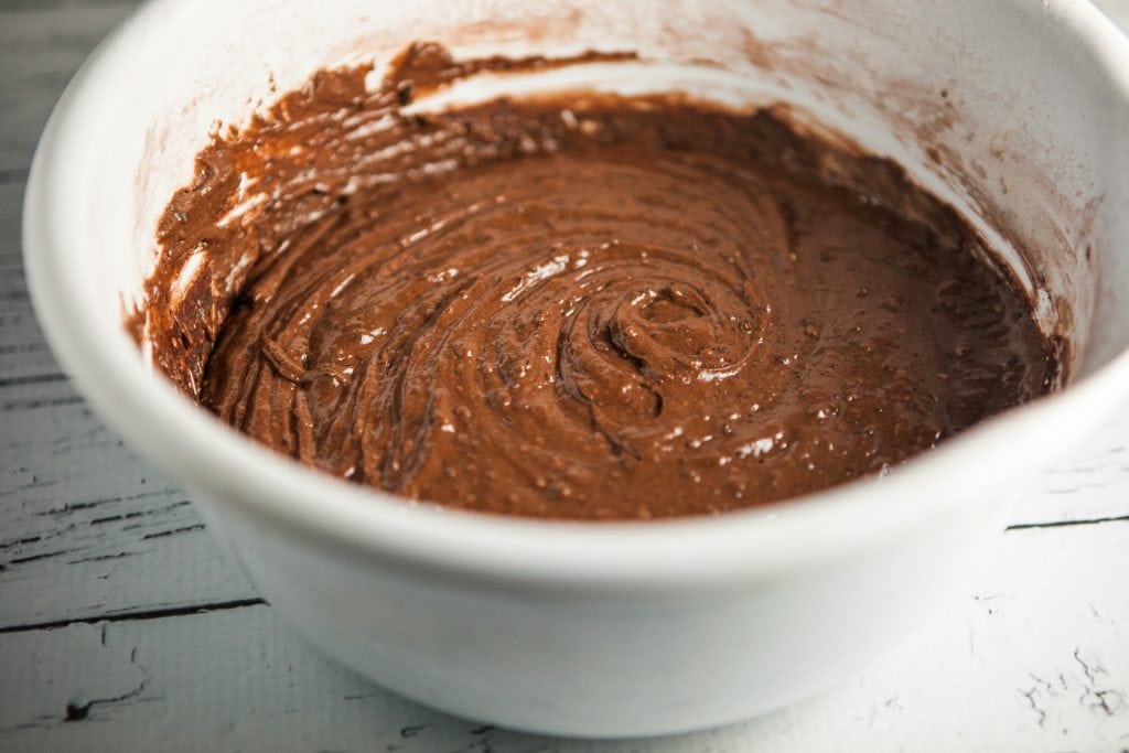 chocolate whoopie pie batter in white bowl. 