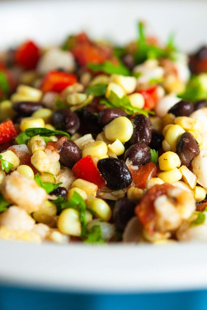 closeup of corn and bean salad.