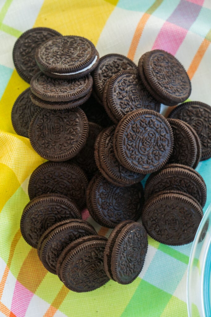 oreo cookies on colorful table cloth.