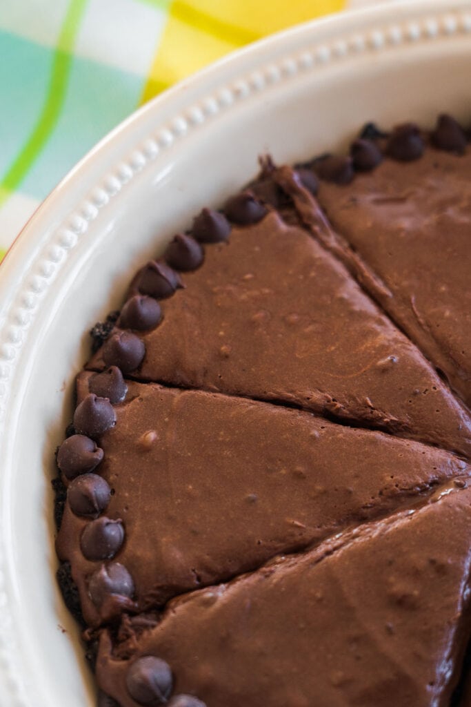 chocolate pie slices in baking dish.