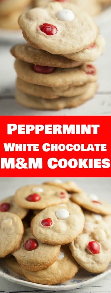 Super yummy Cookies made with Peppermint White Chocolate M&M's! Each cookie has a sugary, peppermint, chocolate taste to them. 