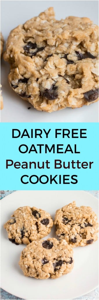 Delicious Dairy Free Oatmeal Peanut Butter Cookies made with vegan butter and vegan chocolate chips!