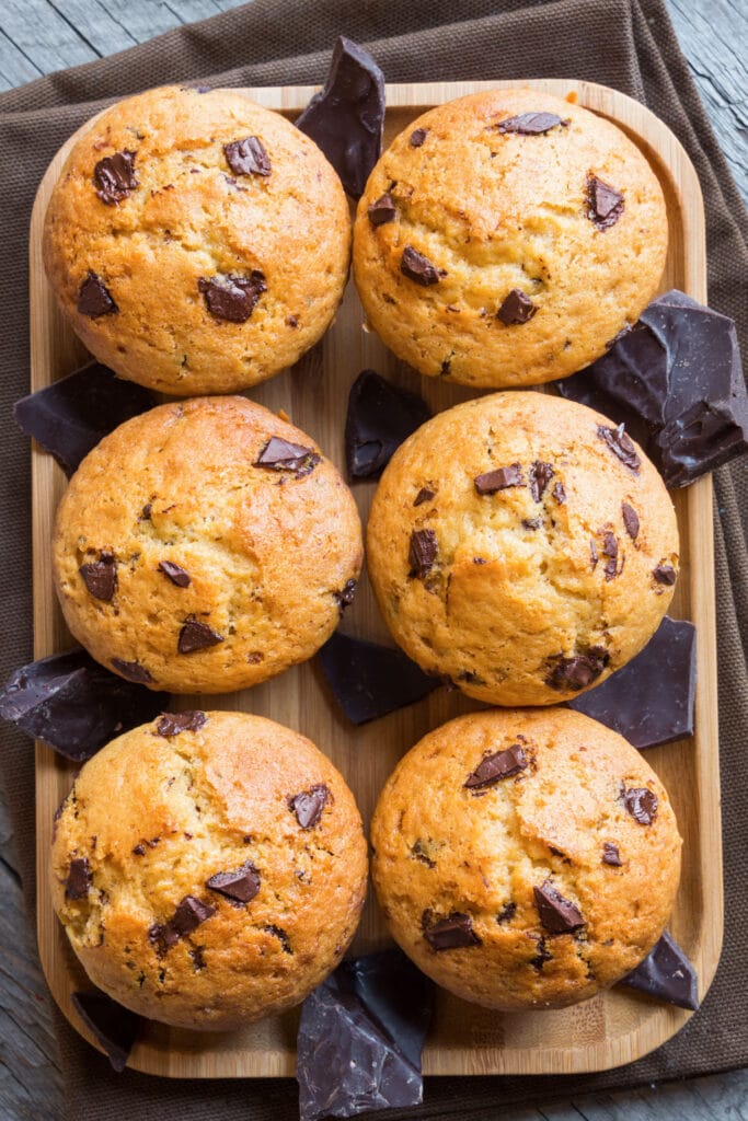 chocolate chip muffins on tray.