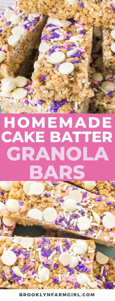 This no-bake homemade granola bars recipe is easy to make and tastes just like birthday cake! Top with white chocolate chips and sprinkles! 