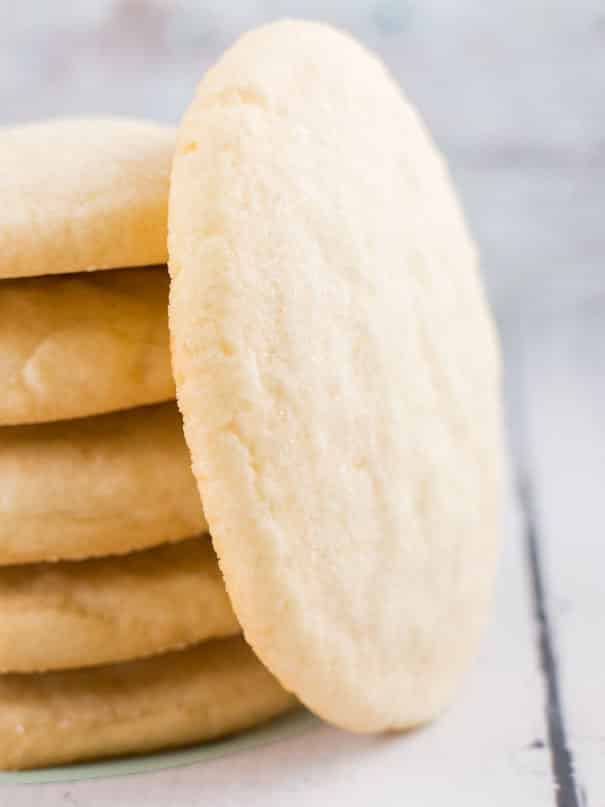Easy to make homemade sugar cookies that are only 51 calories each.  This simple recipe makes light and airy sugar cookies, perfect for dessert and Christmas cookies!