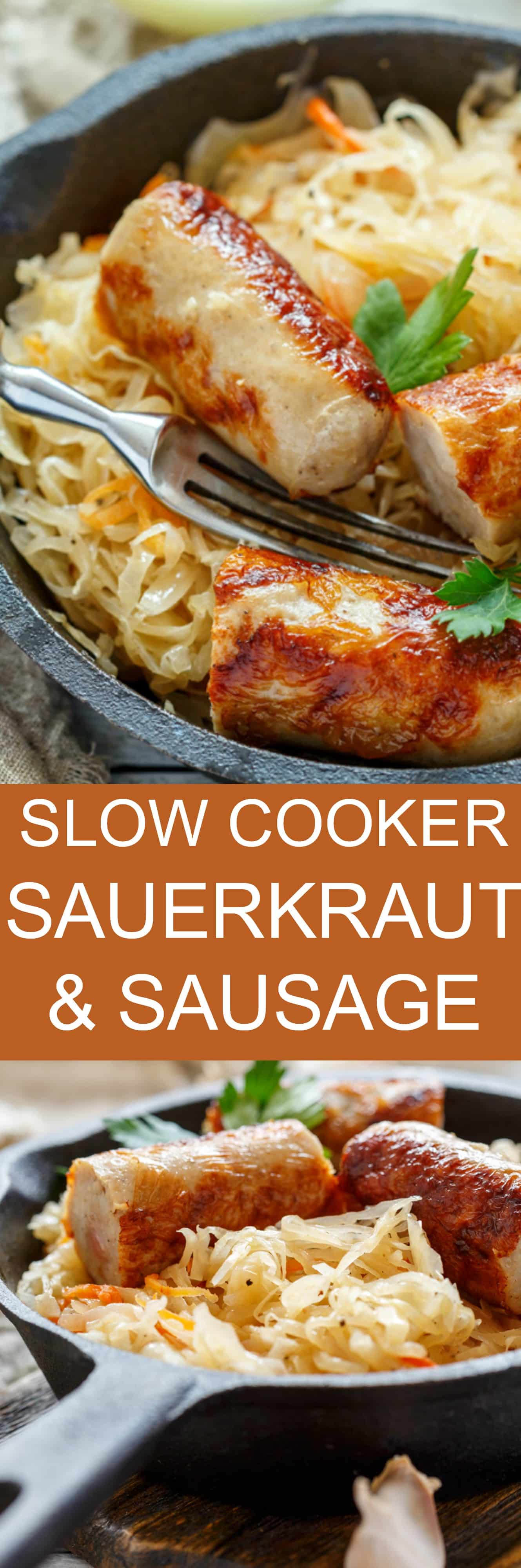 FAMILY FAVORITE Slow Cooker Sausage and Sauerkraut served over mashed potatoes! This easy crockpot meal will become your family's new favorite dinner! Use a good pork kielbasa for full flavor! It's inspired by my Polish family!