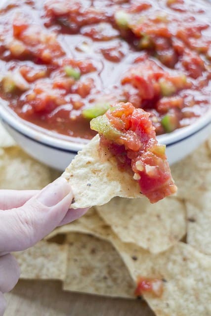 You can make this delicious salsa with canned diced tomatoes! Just add green peppers and onions! It's a great salsa that you can have ready in minutes!