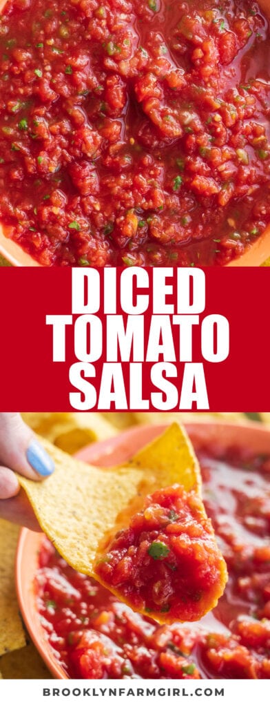FAST and EASY Canned Salsa made with canned diced tomatoes! Just add green peppers and onions to this simple recipe, and you’ll have a delicious chunky salsa ready to serve in minutes!