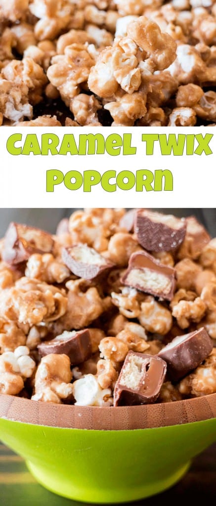 Delicious recipe for Caramel TWIX Popcorn. A homemade caramel sauce is melted on the popcorn along with chopped up TWIX candy bars! 