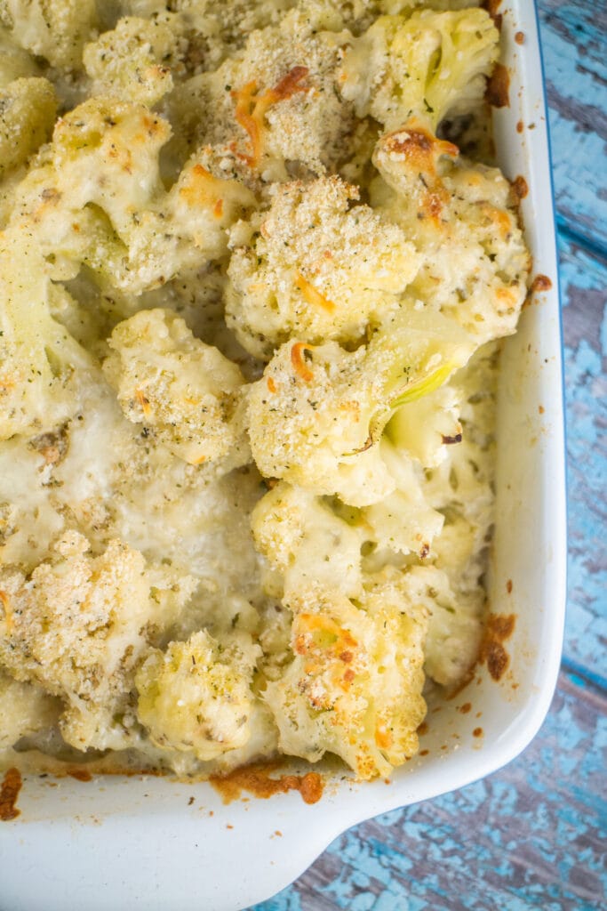 baked cauliflower and cheese in baking dish.