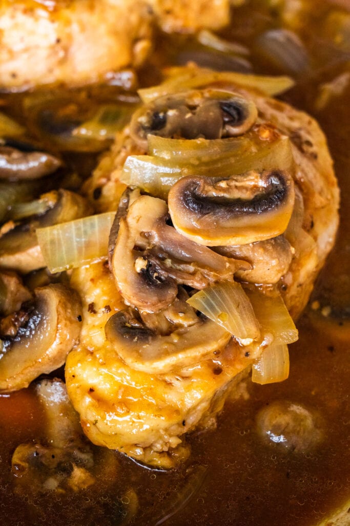closeup of chicken with gravy, mushrooms and onions on top.