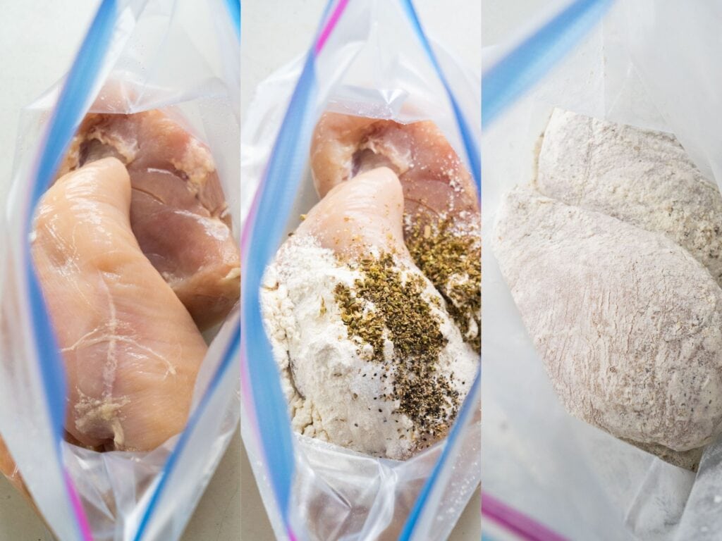chicken in bag with flour and seasonings in it.