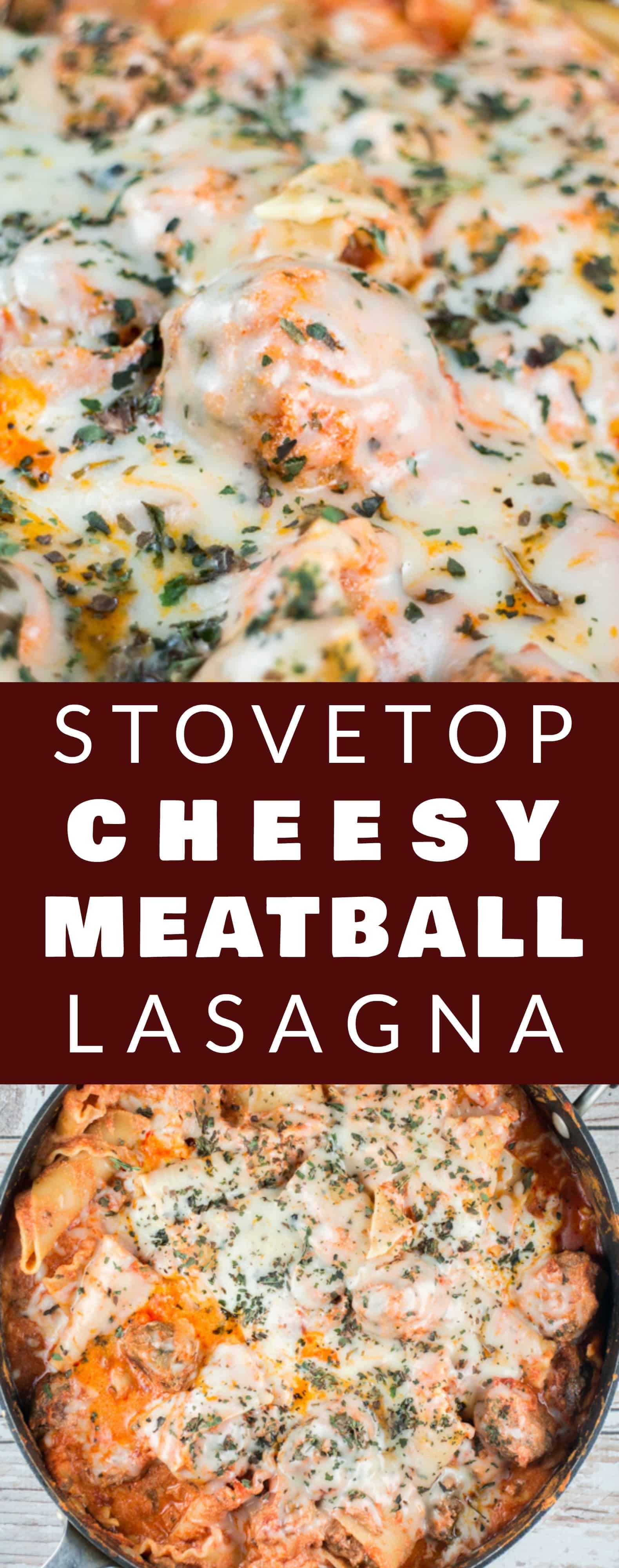  CHEESY STOVETOP Meatball Lasagna Skillet! This quick and easy stovetop lasagna recipe includes ricotta and mozzarella cheese to make it extra cheesy! Ready in 25 minutes!