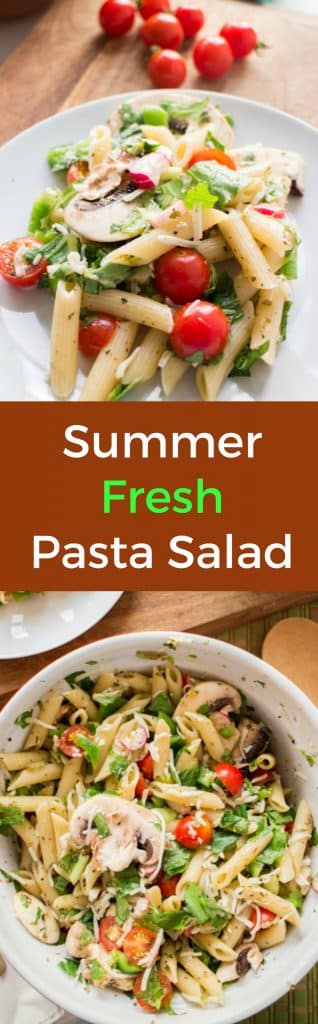 Fresh Pasta Salad recipe that tastes just like Summer! Recipe ingredients include cherry tomatoes, radishes, green pepper, lettuce and mushrooms! This is perfect for a healthy dinner or picnic lunch. 