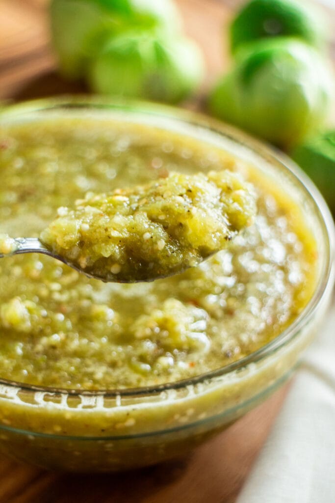 spoon filled with salsa verde.