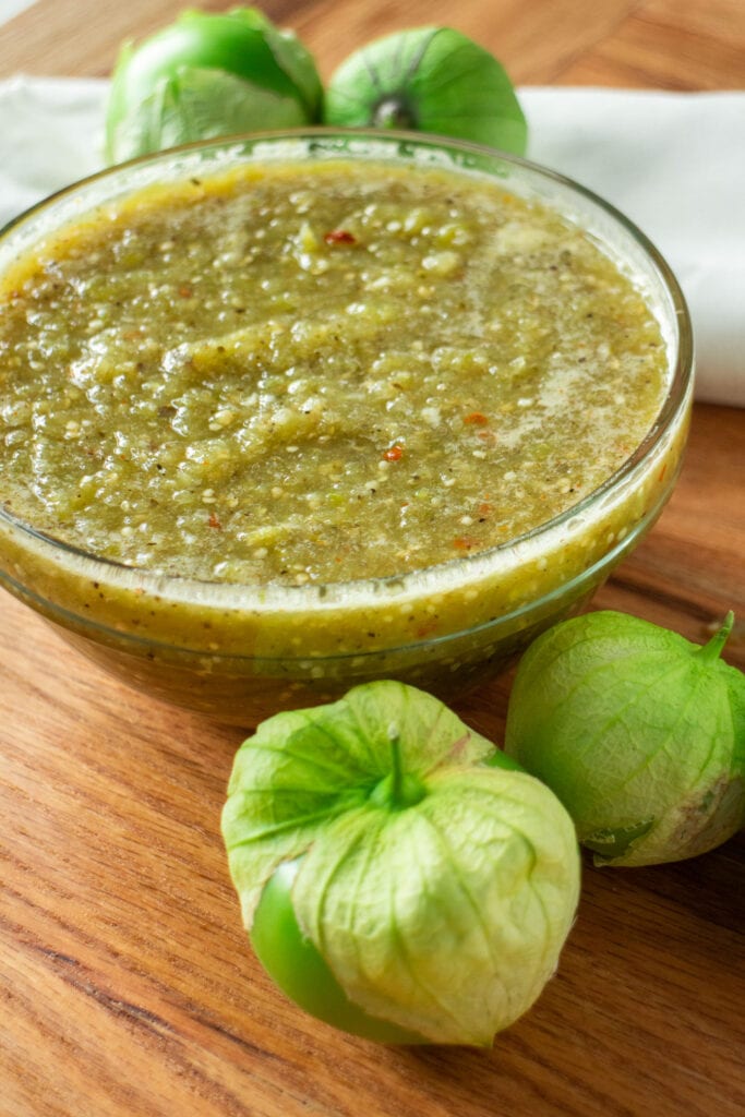 salsa verde in bowl on table. 