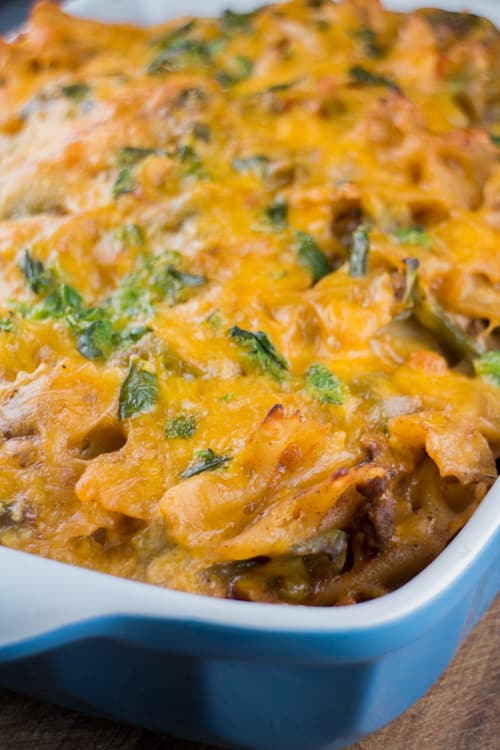 CHEESY Taco Casserole is EASY to make. This simple baked casserole recipe is made with elbow noodles, tomato soup, ground beef and lots of cheddar cheese!  This is a yummy dinner that everyone will love - especially the kids! 