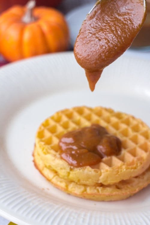 20 Minute Pumpkin Butter recipe made with healthy ingredients: pumpkin puree, apple cider, maple syrup, cinnamon, nutmeg and cinnamon. Pumpkin Butter is delicious on waffles, pancakes, toast, as a vegetable dip and more! 