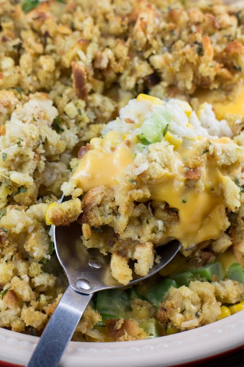Broccoli Cheese Casserole made with Stove Top Stuffing! This is one of my family’s favorite Stove Top Stuffing Recipes to make! This is an easy dish made with frozen vegetables, cream of chicken soup, rice and Velveeta cheese! It’s one of my favorite meals to enjoy with leftover Thanksgiving stuffing!