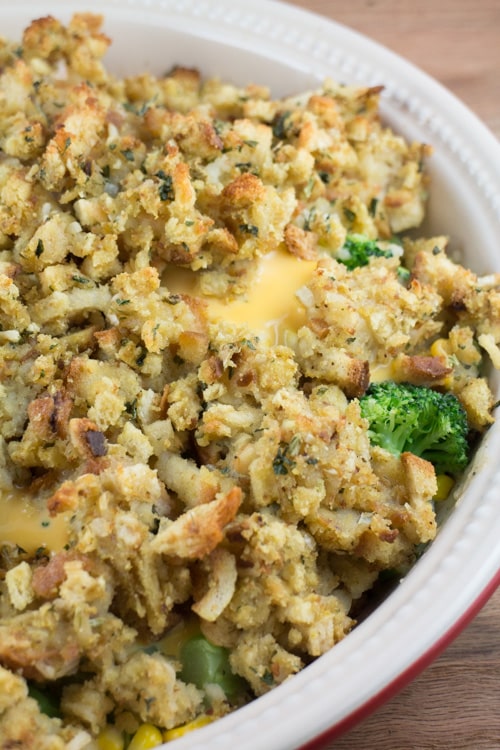 Broccoli Cheese Casserole made with Stove Top Stuffing! This is one of my family’s favorite Stove Top Stuffing Recipes to make! This is an easy dish made with frozen vegetables, cream of chicken soup, rice and Velveeta cheese! It’s one of my favorite meals to enjoy with leftover Thanksgiving stuffing!