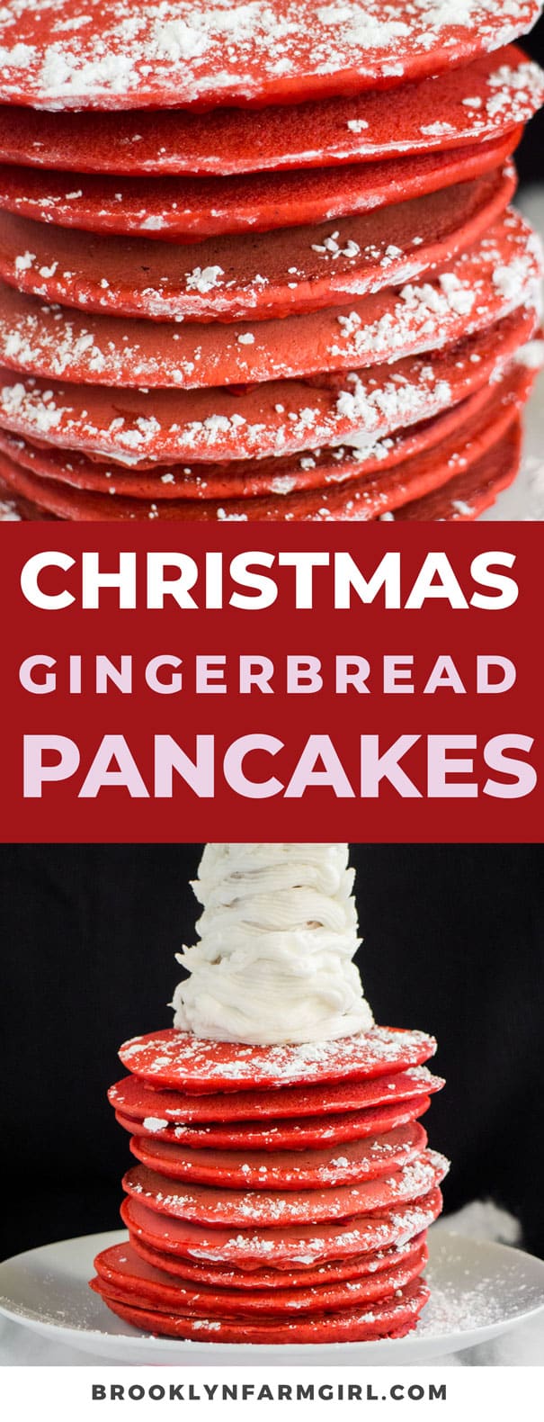 Easy to make Gingerbread Pancakes that are fluffy and tastes just like gingerbread cookies!  Red food coloring is added in to make them more fun for Christmas morning breakfast! 