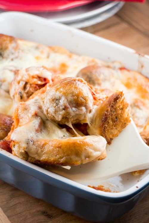 Extra Cheesy Meatball Texas Toast Casserole is a delicious, quick meal to serve your family. Everyone will want seconds! Use precooked meatballs to make it even faster! 
