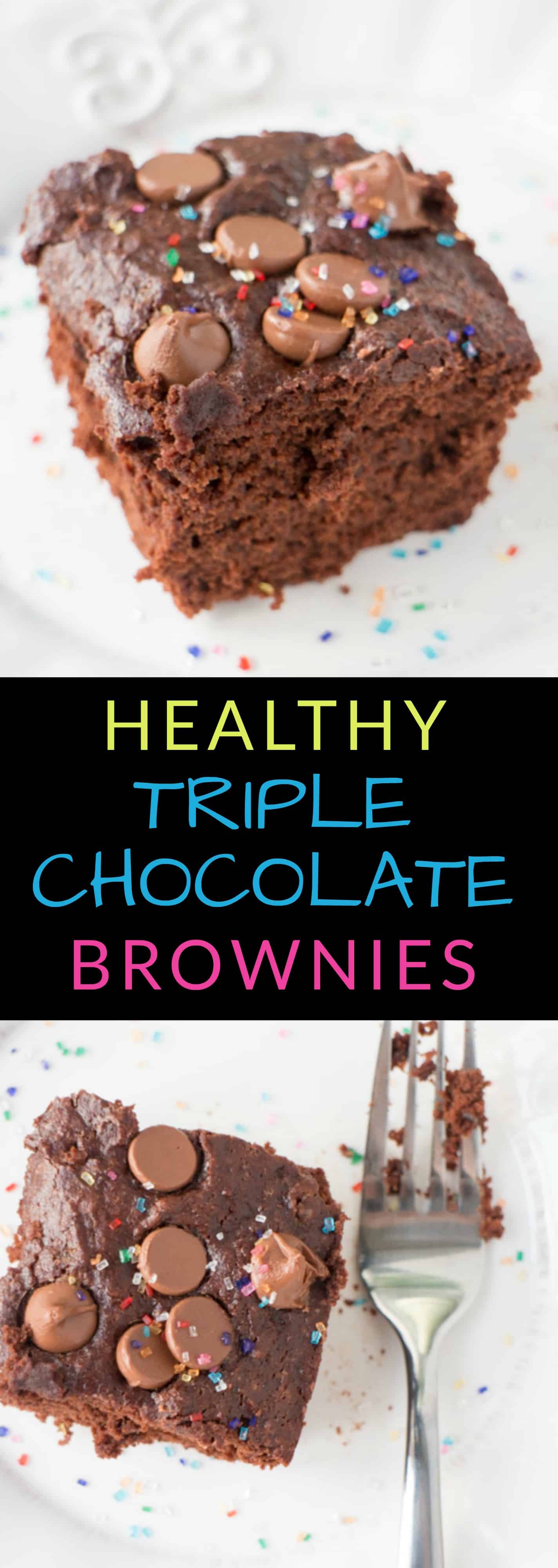 HEALTHY TRIPLE Chocolate Brownies that are low calorie because they're made with applesauce and egg whites!  This easy recipe makes super moist chocolate brownies, perfect for chocolate cake lovers!   Make sure to add rainbow sprinkles on top! 