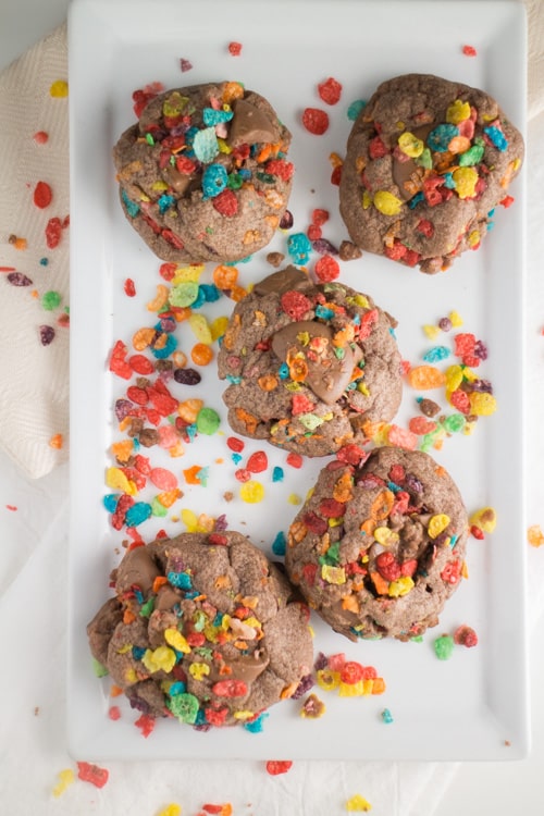 Fruity Pebbles Cookies made with chocolate pudding are the BEST! This easy recipe is fun to make with kids! I love how each bite has chocolate bites and Fruity Pebbles cereal in it!