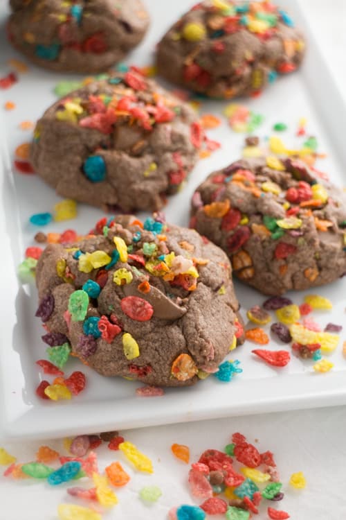 Fruity Pebbles Cookies made with chocolate pudding are the BEST! This easy recipe is fun to make with kids! I love how each bite has chocolate bites and Fruity Pebbles cereal in it!