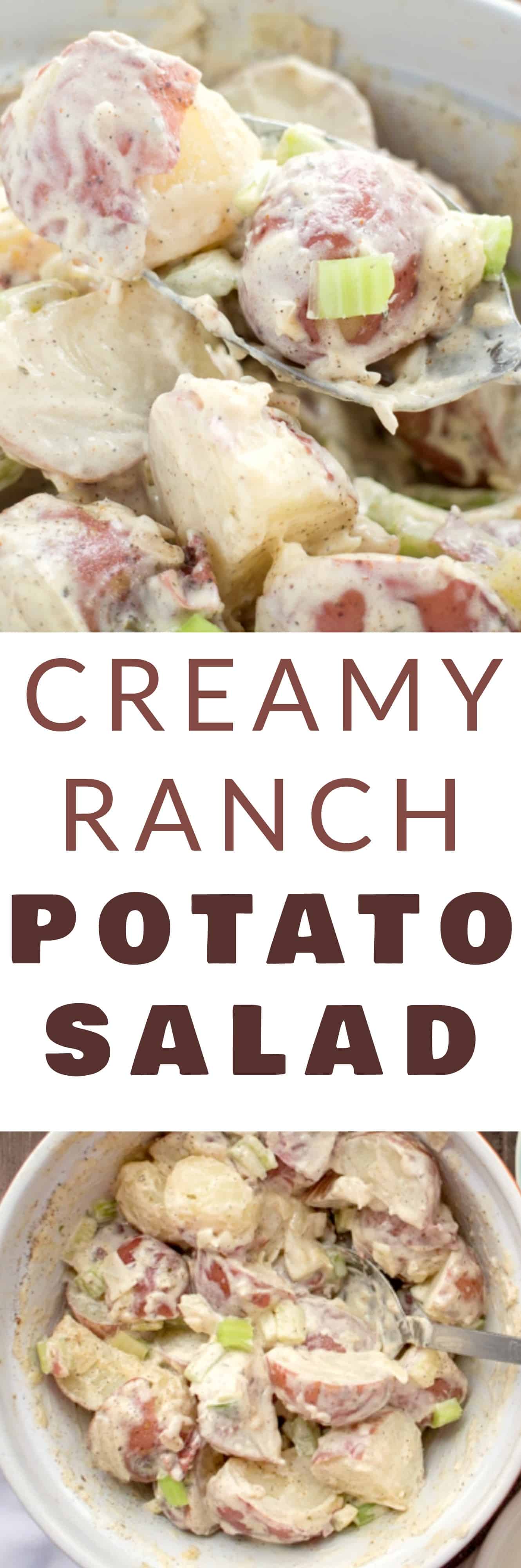 CREAMY No Mayo Potato Salad that doesn't require potato peeling! This loaded, easy to make potato salad recipe has the classic taste you grew up with and is ready in 20 minutes! It's made with ranch dressing (no mayo!) to make it extra creamy! Enjoy this warm in the Winter or chilled in the Summer! It's a must have your next grilling session!