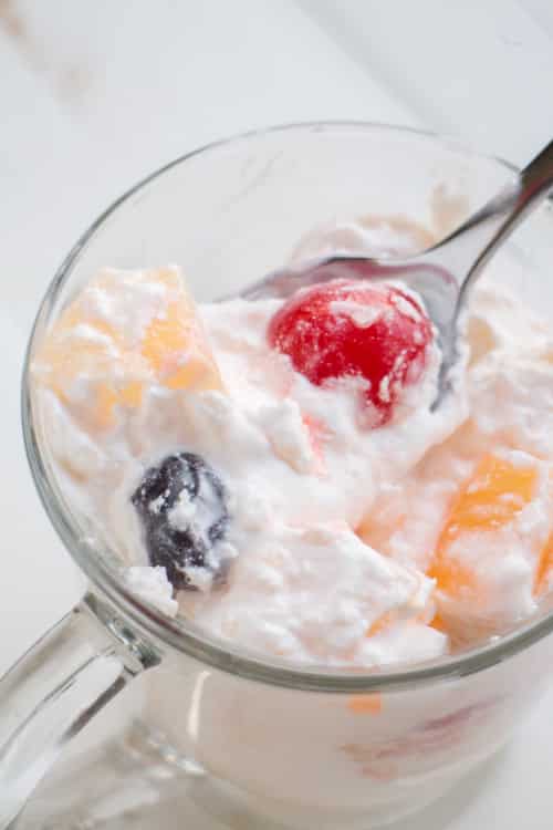 Tropical Fruit Whipped Cream Salad recipe. This delicious fruit salad is a great last minute dessert. 