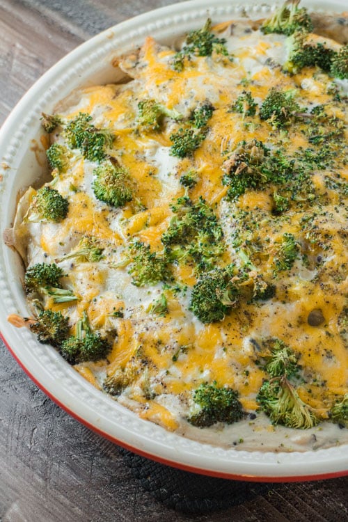 Cheesy Scalloped Potatoes and Broccoli with Cream of Mushroom Soup. These scalloped potatoes are light on the cheese and use a creamy cream of mushroom mixture. They will be a hit at the next holiday dinner!