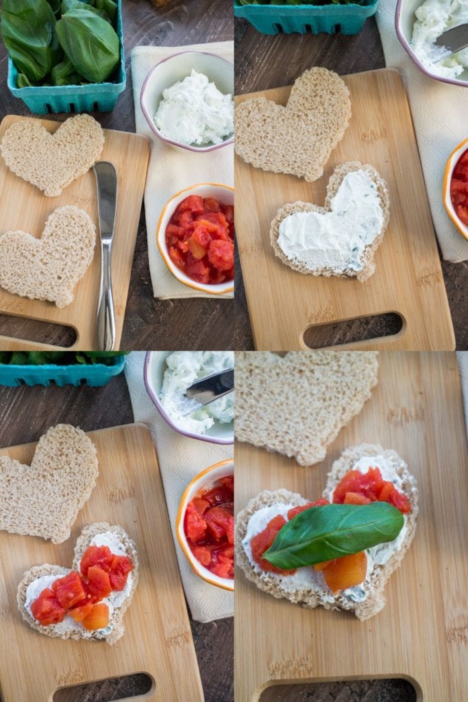 EASY Ricotta and Tomato Tea Sandwiches made with tomatoes and an easy homemade ricotta garlic mixture that tastes amazing! Use cookie cutters to cut out hearts in your bread – perfect for an afternoon tea party, baby shower or for Valentine's Day. 