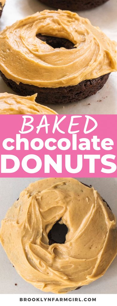 These easy Fudgy Chocolate Donuts are decorated with a rich and nutty Peanut Butter Frosting. Baked and never fried, the fluffy, soft donuts are the perfect treat for breakfast or dessert.