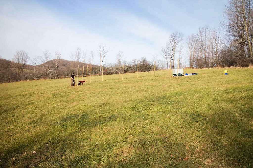 A person stands in a grassy field near wooden posts and a wheelbarrow. Trees without leaves and mountains are in the background under a blue sky. Some tools and equipment lie on the grass.