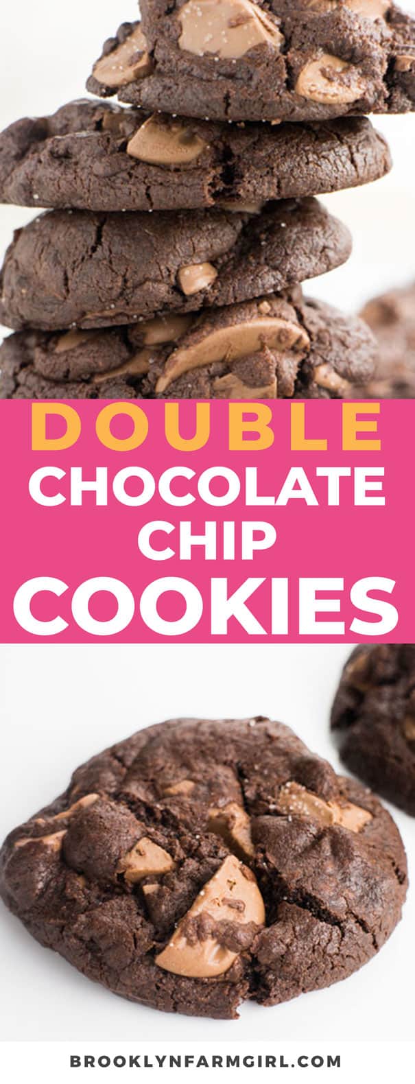  Double Chocolate Chip Cookies are thick, chewy and loaded with chocolate! These cookies are made from scratch and you’ll love how EASY the recipe is! Live dangerously with these irresistible, softest chocolate chip cookies that have a dash of sea salt on top!  One of our favorite homemade cookies to make around the holidays or anytime. 